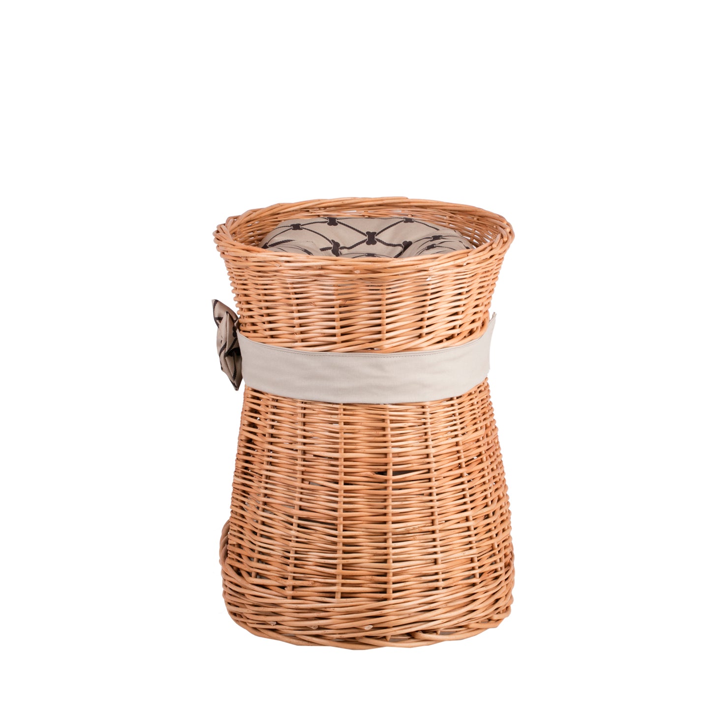 Erif wiklinowy domek dla kota z beżowymi poduszkami i kokardą, dwie kondygnacje TheWickerStories