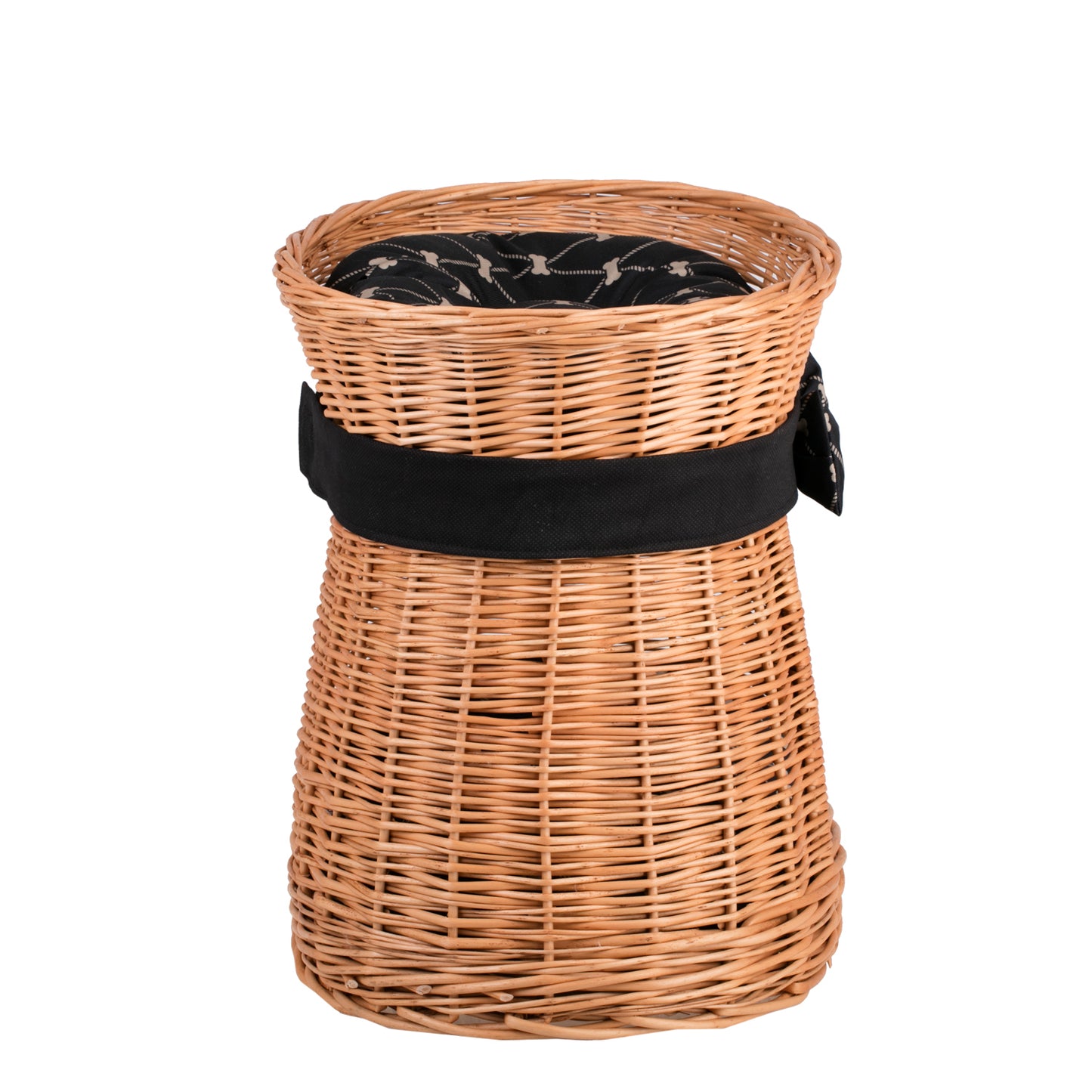 Erif wiklinowy domek dla kota, dwupoziomowy, z czarnymi poduszkami i kokardą TheWickerStories