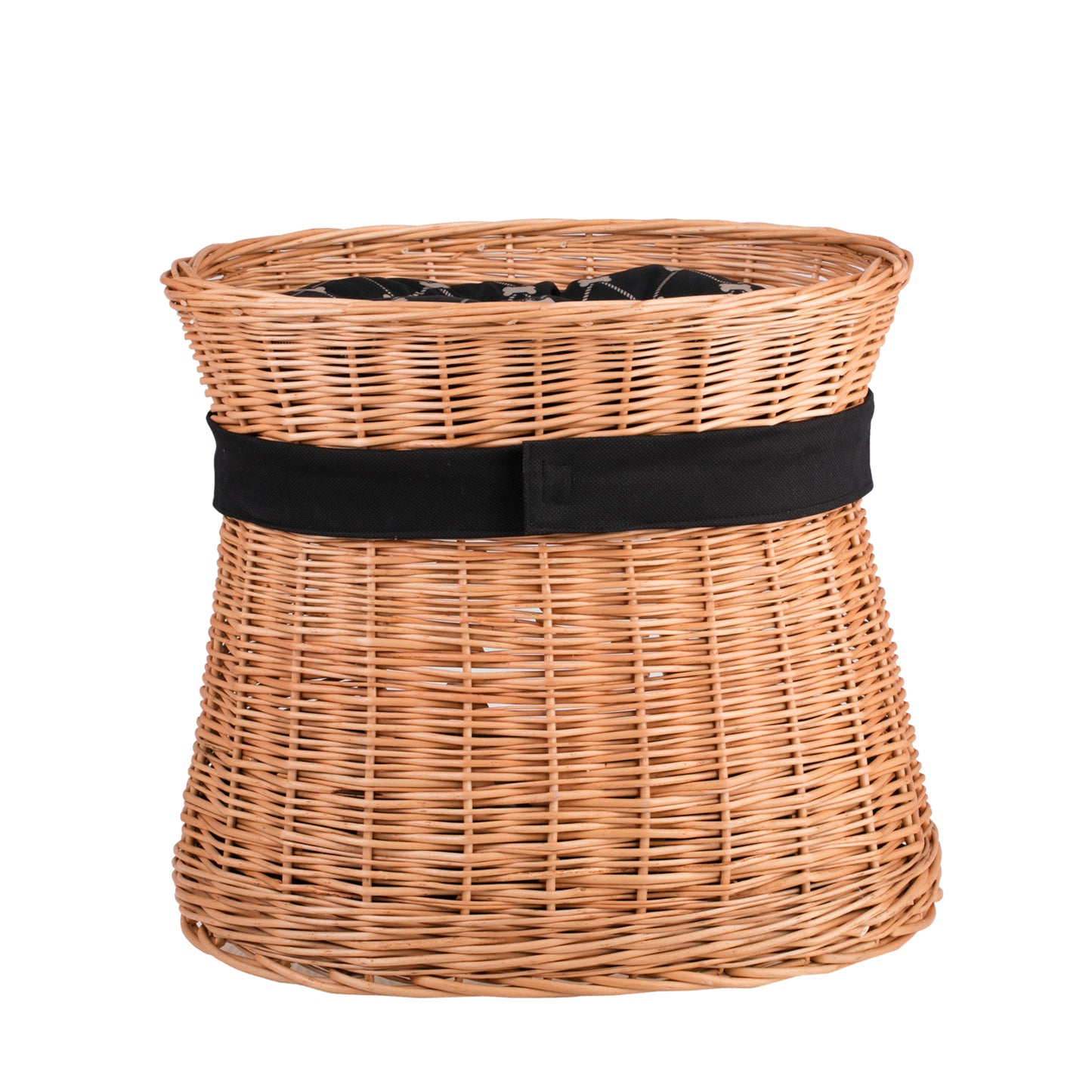 Erif wiklinowy domek dla kota, dwupoziomowy, z czarnymi poduszkami i kokardą TheWickerStories