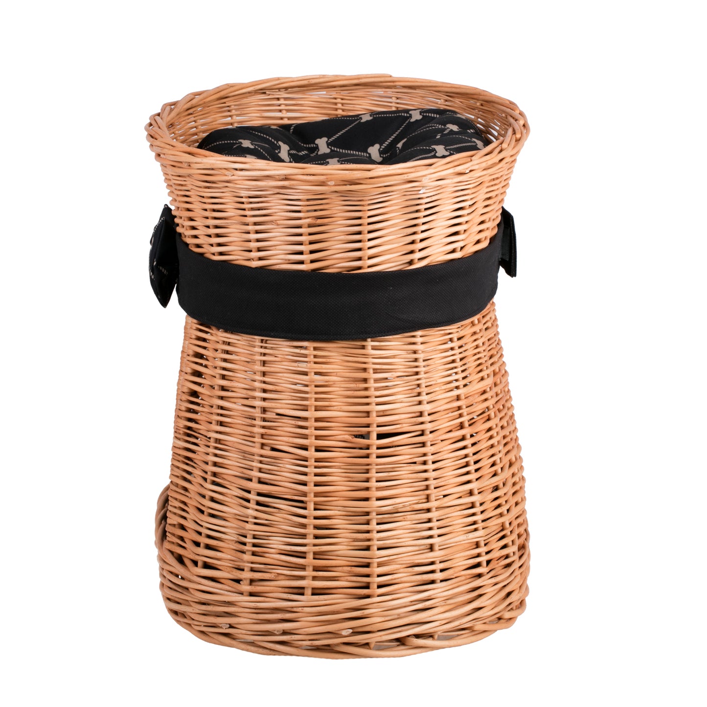 Erif wiklinowy domek dla kota, dwupoziomowy, z czarnymi poduszkami i kokardą TheWickerStories