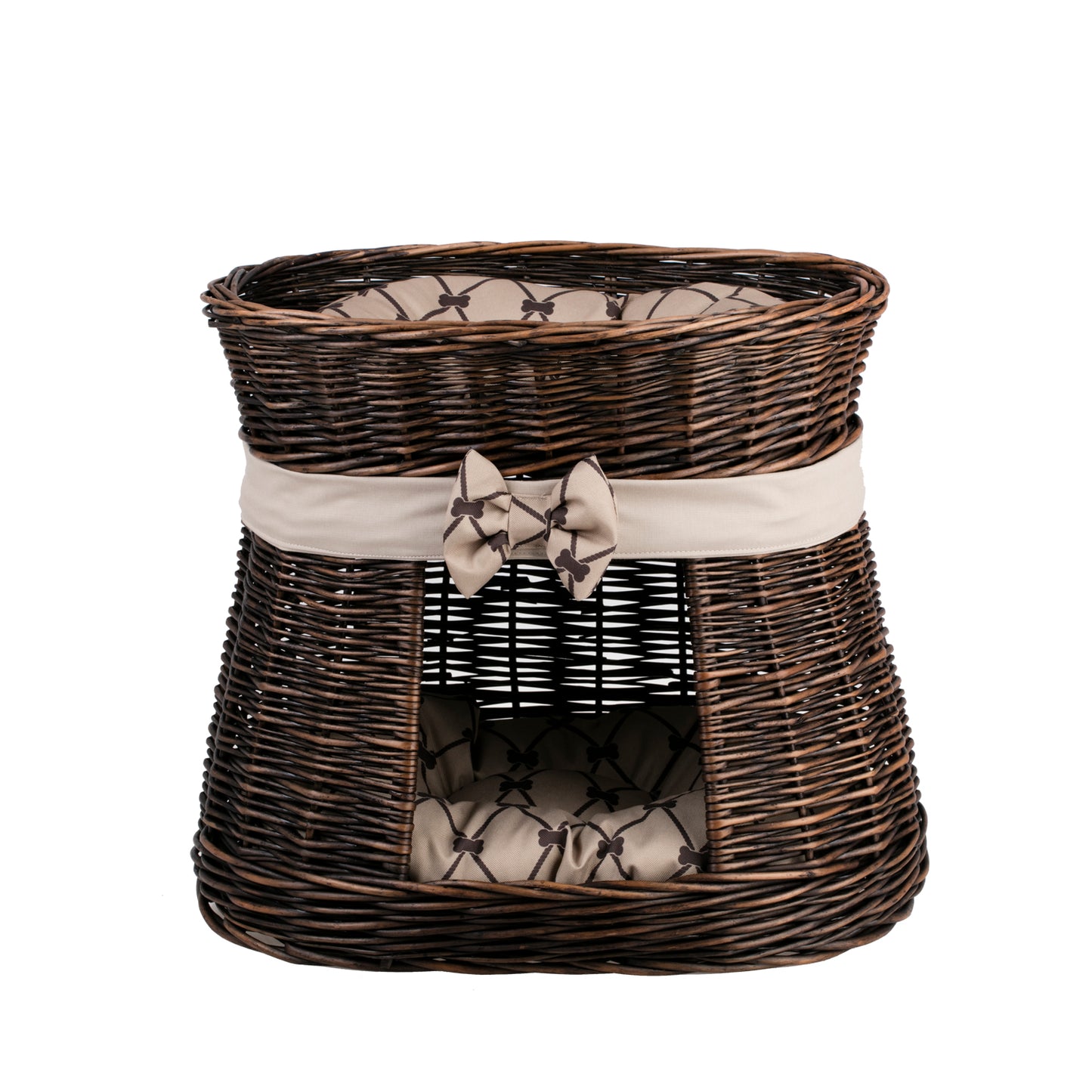 Erif wiklinowy domek dla kota z beżowym obszyciem, dwupoziomowy, z dwiema poduszkami i kokardą TheWickerStories