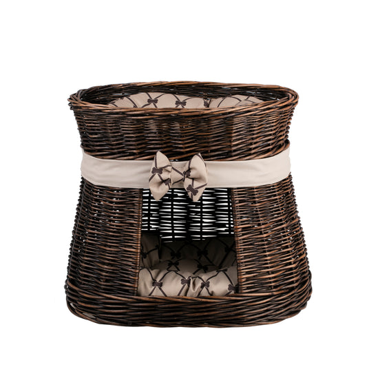 Erif wiklinowy domek dla kota z beżowym obszyciem, dwupoziomowy, z dwiema poduszkami i kokardą TheWickerStories