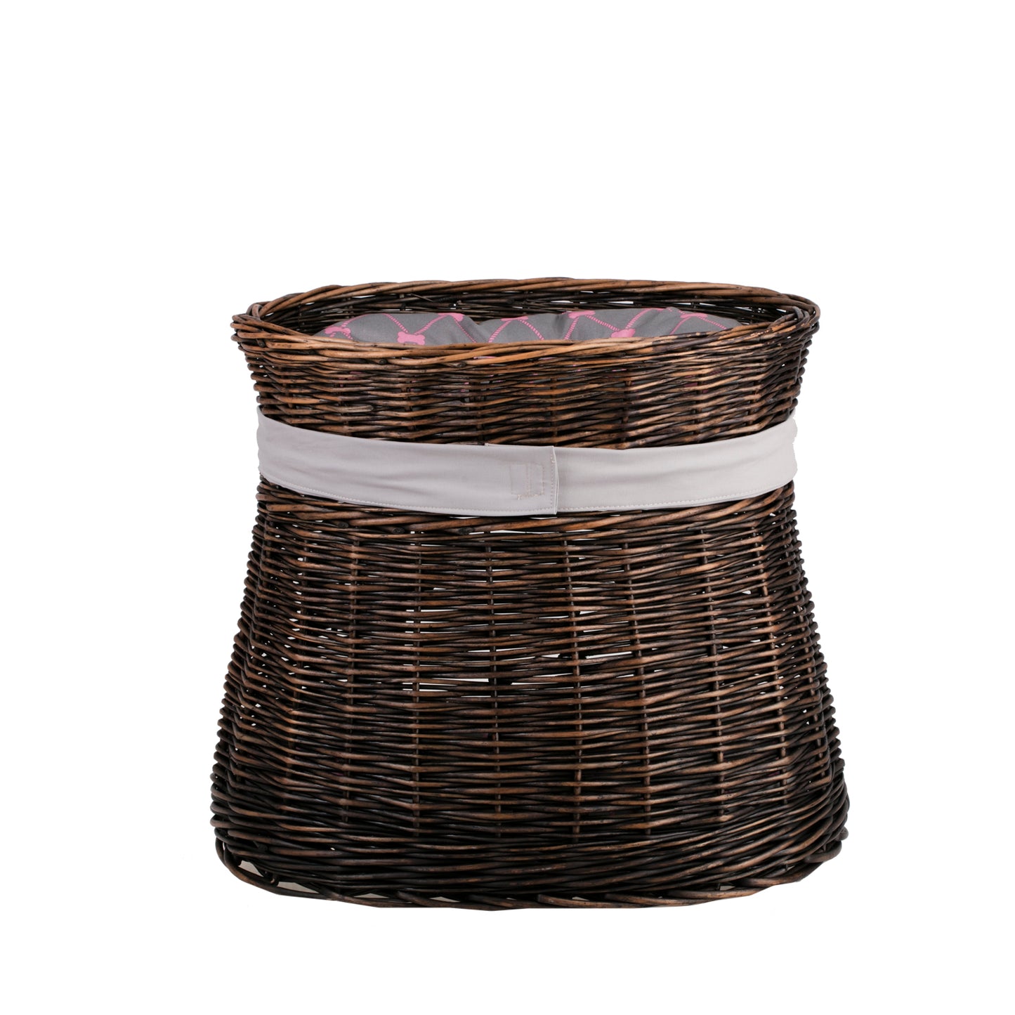 Erif wiklinowy domek dla kota z szarymi poduszkami, dwupoziomowy, z dekoracyjną kokardą TheWickerStories