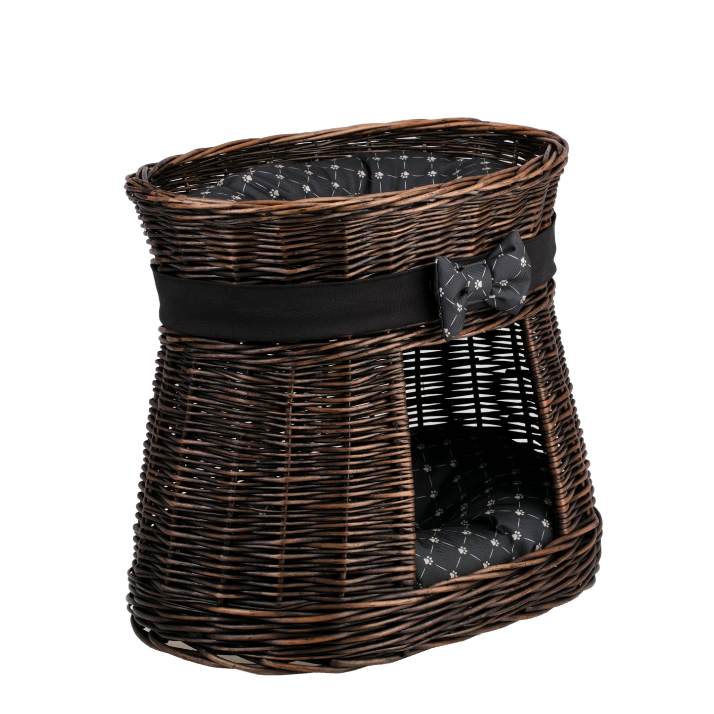 Erif wiklinowy domek dla kota z dwiema kondygnacjami, z poduszkami i kokardą TheWickerStories