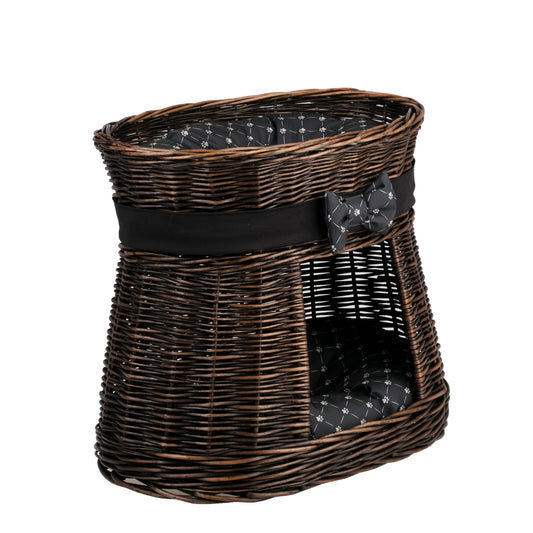 Erif wiklinowy domek dla kota z dwiema kondygnacjami, z poduszkami i kokardą TheWickerStories