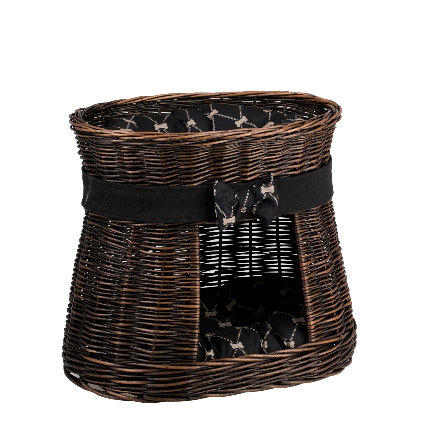 Erif wiklinowy domek dla kota z czarnym obszyciem, dwiema poduszkami i kokardą TheWickerStories