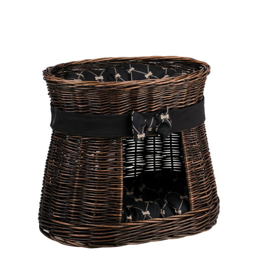 Erif wiklinowy domek dla kota z czarnym obszyciem, dwiema poduszkami i kokardą TheWickerStories