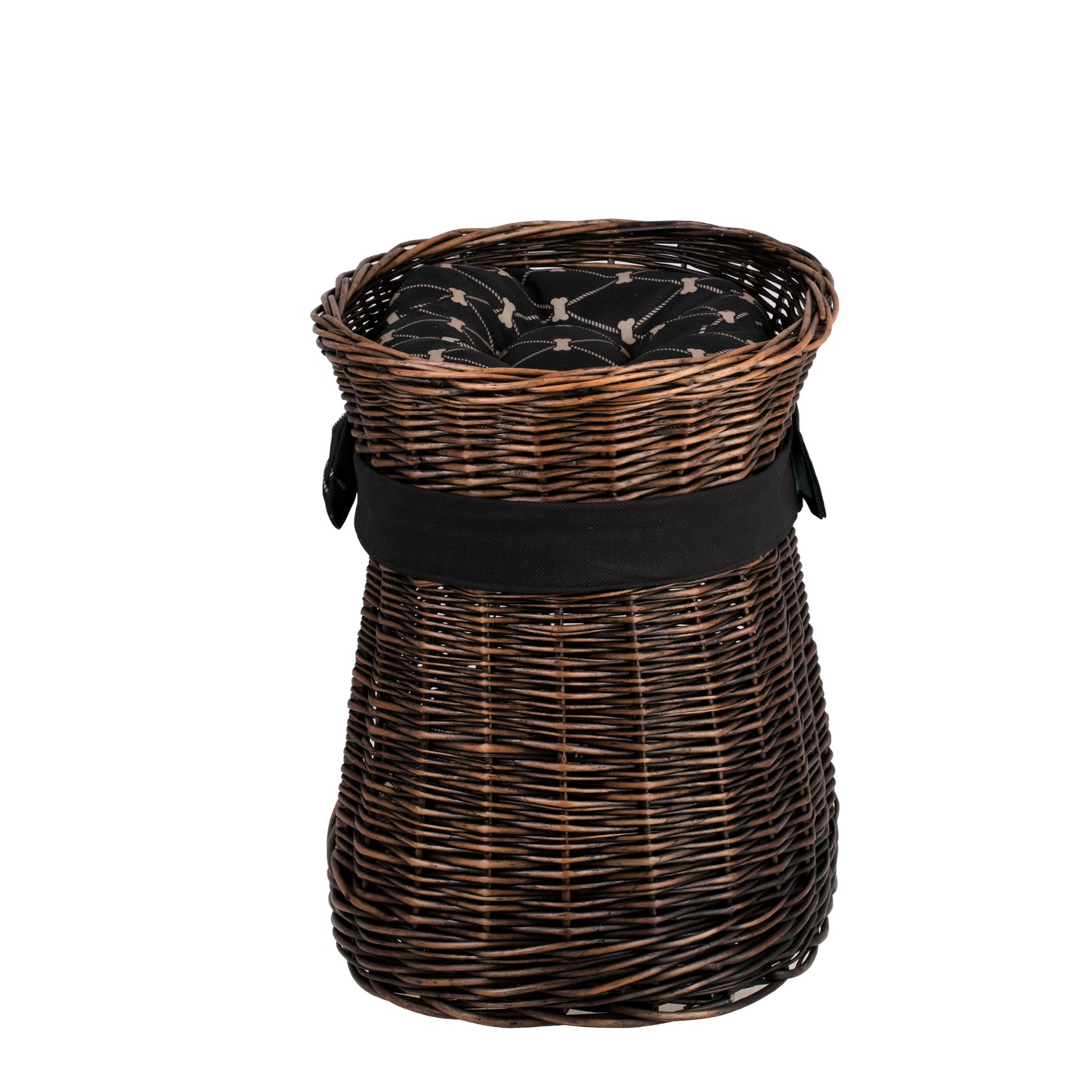 Erif wiklinowy domek dla kota z czarnym obszyciem, dwiema poduszkami i kokardą TheWickerStories