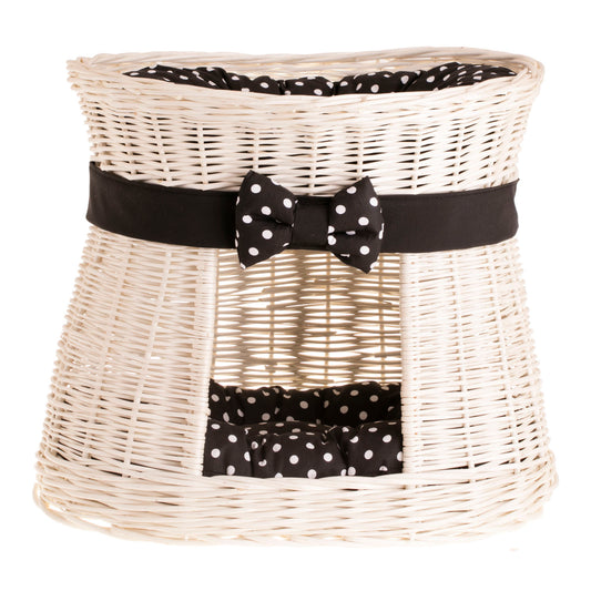 Erif wiklinowy domek dla kota z dwoma poziomami, z poduszkami i kokardą TheWickerStories