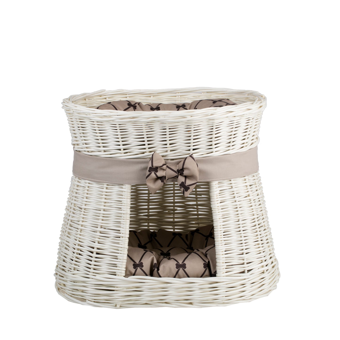 Erif wiklinowy domek dla kota z dwoma poziomami, z beżowymi poduszkami i kokardą TheWickerStories