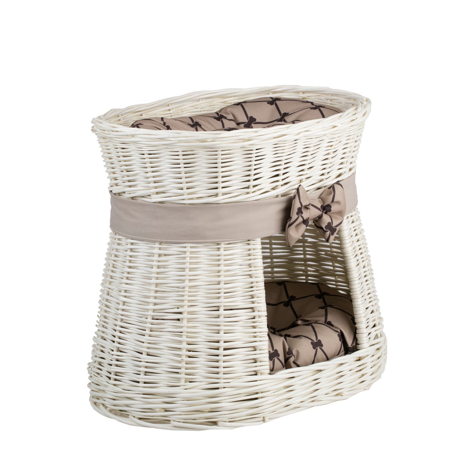 Erif wiklinowy domek dla kota z dwoma poziomami, z beżowymi poduszkami i kokardą TheWickerStories