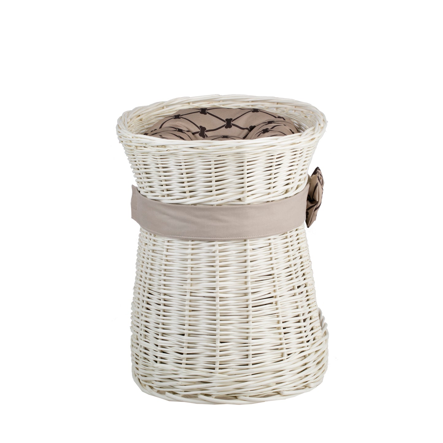 Erif wiklinowy domek dla kota z dwoma poziomami, z beżowymi poduszkami i kokardą TheWickerStories