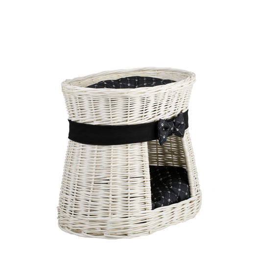 Erif wiklinowy domek dla kota dwupoziomowy z czarnymi poduszkami i kokardą TheWickerStories