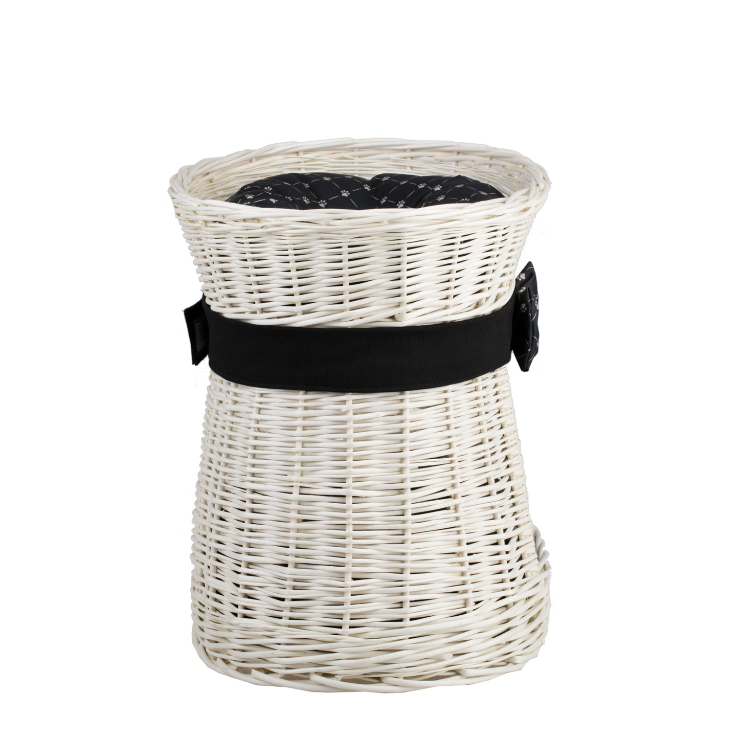 Erif wiklinowy domek dla kota dwupoziomowy z czarnymi poduszkami i kokardą TheWickerStories