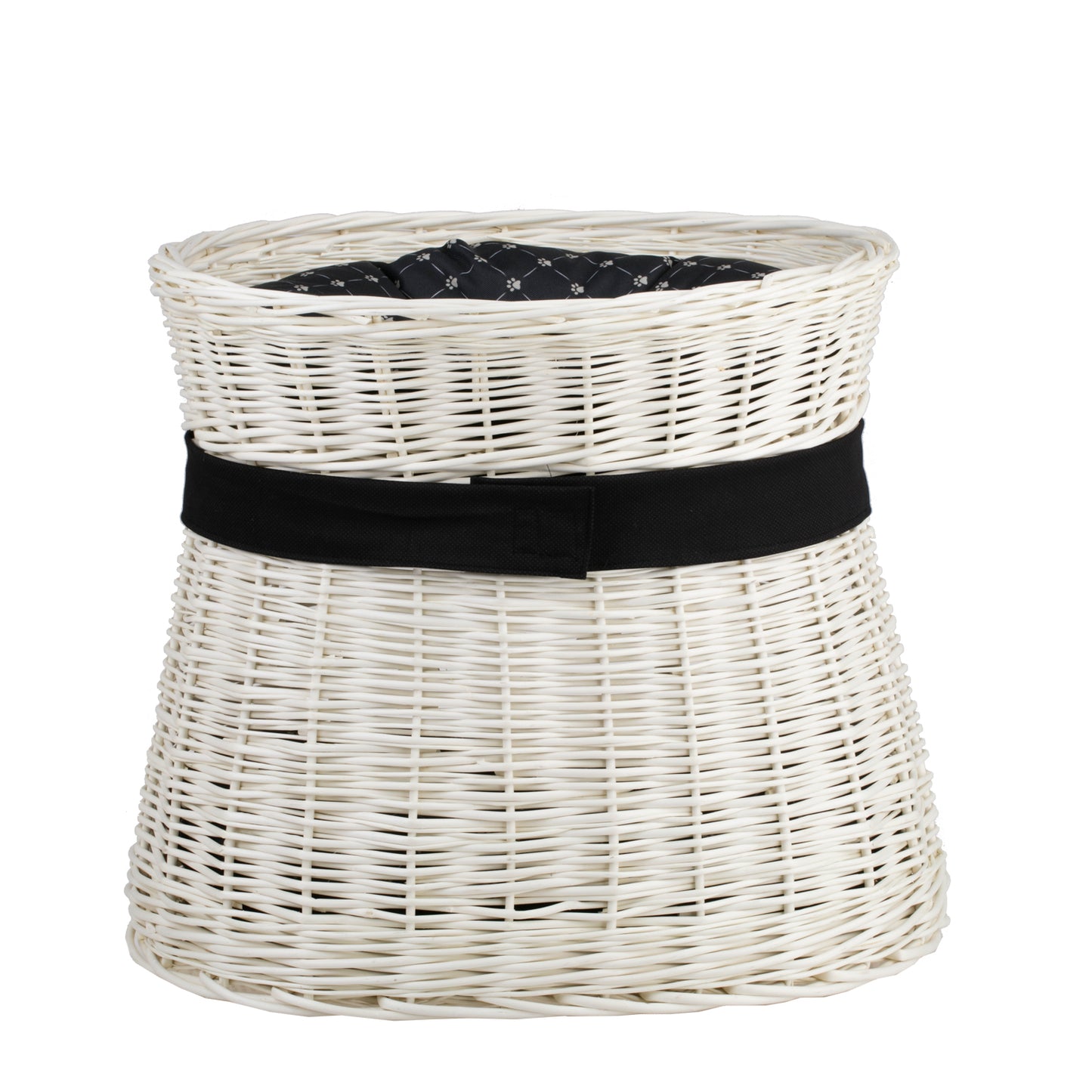 Erif wiklinowy domek dla kota dwupoziomowy z czarnymi poduszkami i kokardą TheWickerStories