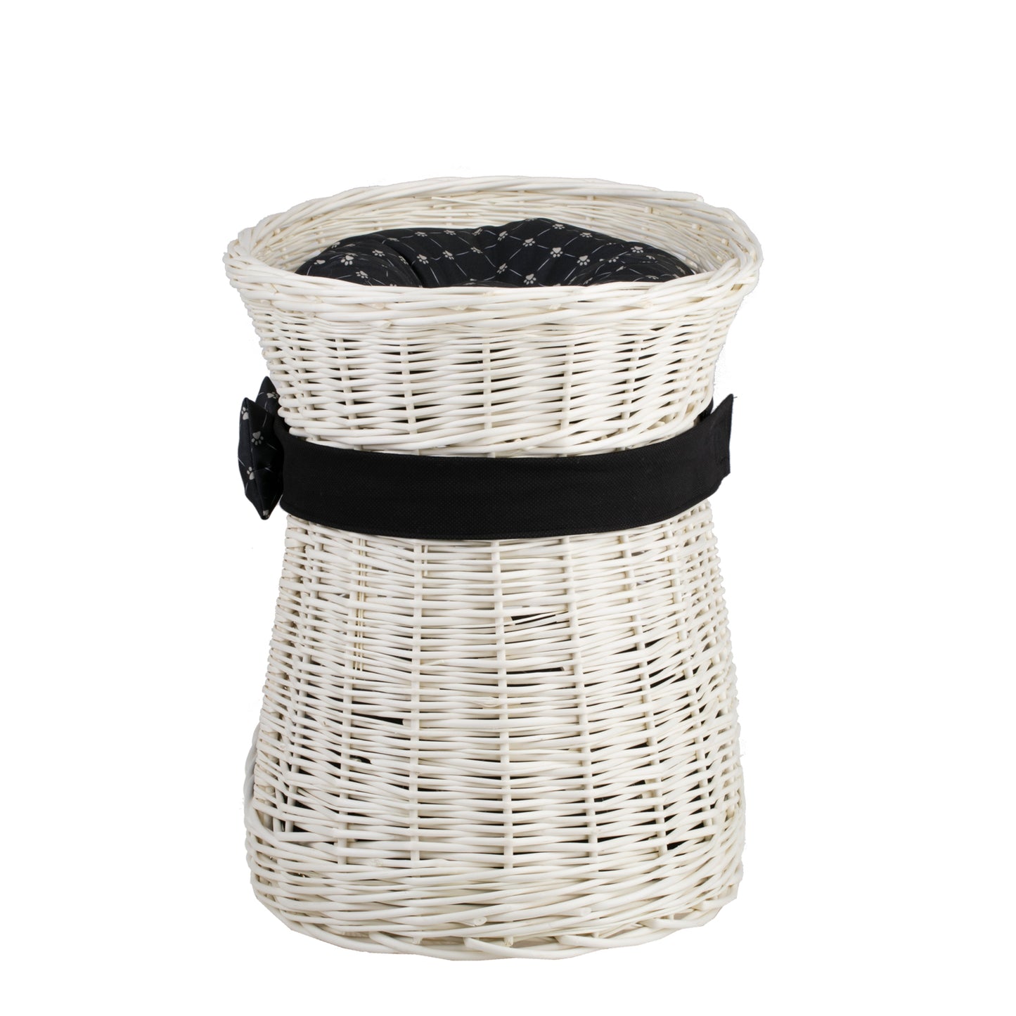 Erif wiklinowy domek dla kota dwupoziomowy z czarnymi poduszkami i kokardą TheWickerStories