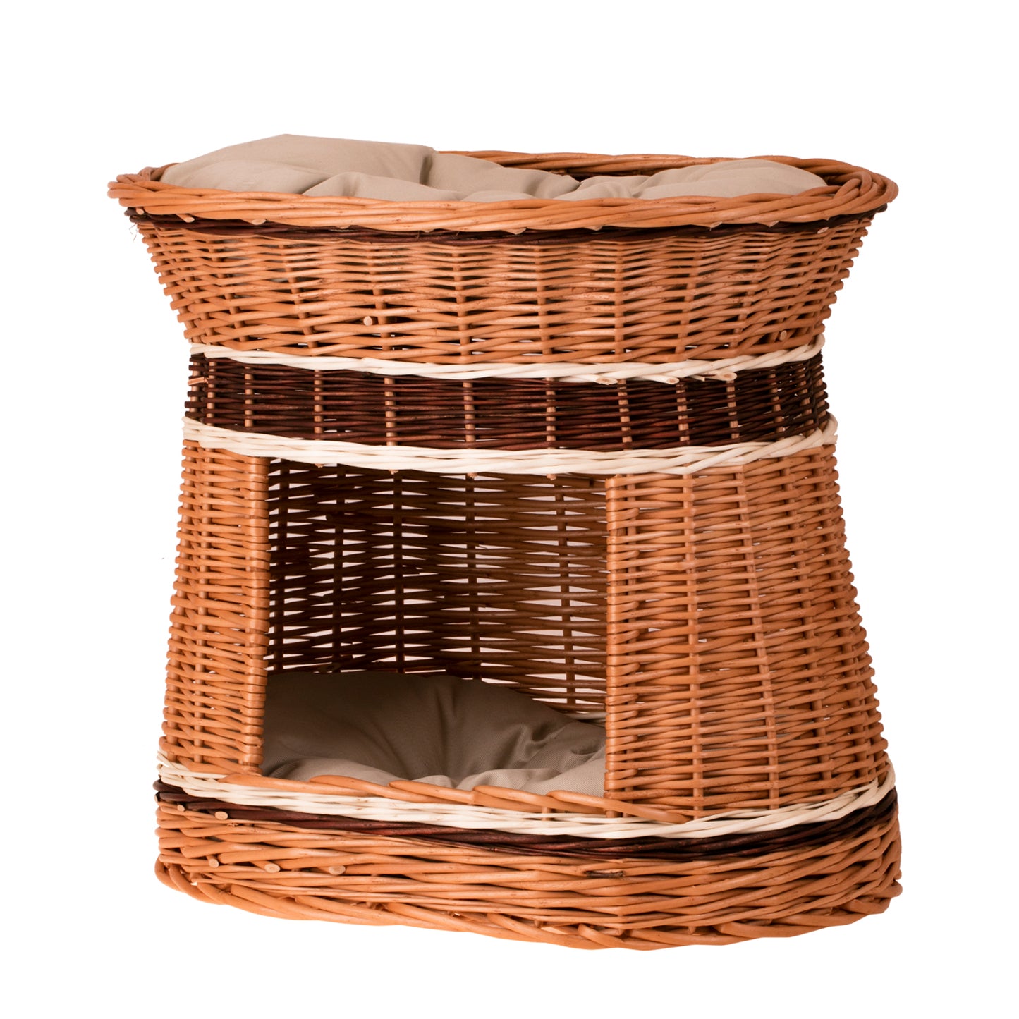 Erif wiklinowy domek dla kota i małego psa z dwoma poduszkami i legowiskiem na dachu TheWickerStories