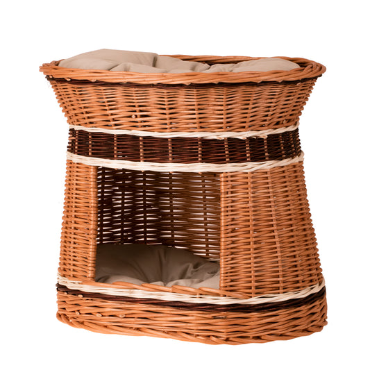 Erif wiklinowy domek dla kota i małego psa z dwoma poduszkami i legowiskiem na dachu TheWickerStories