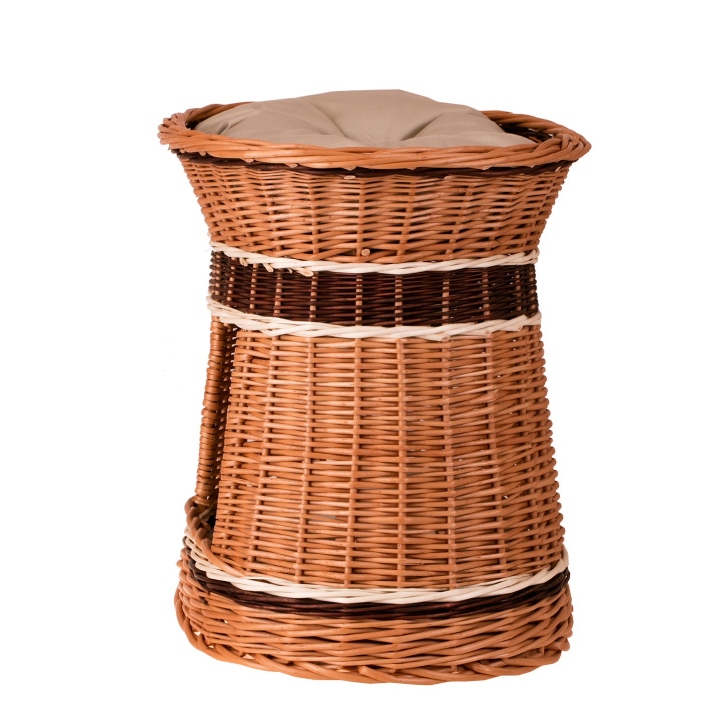 Erif wiklinowy domek dla kota i małego psa z dwoma poduszkami i legowiskiem na dachu TheWickerStories