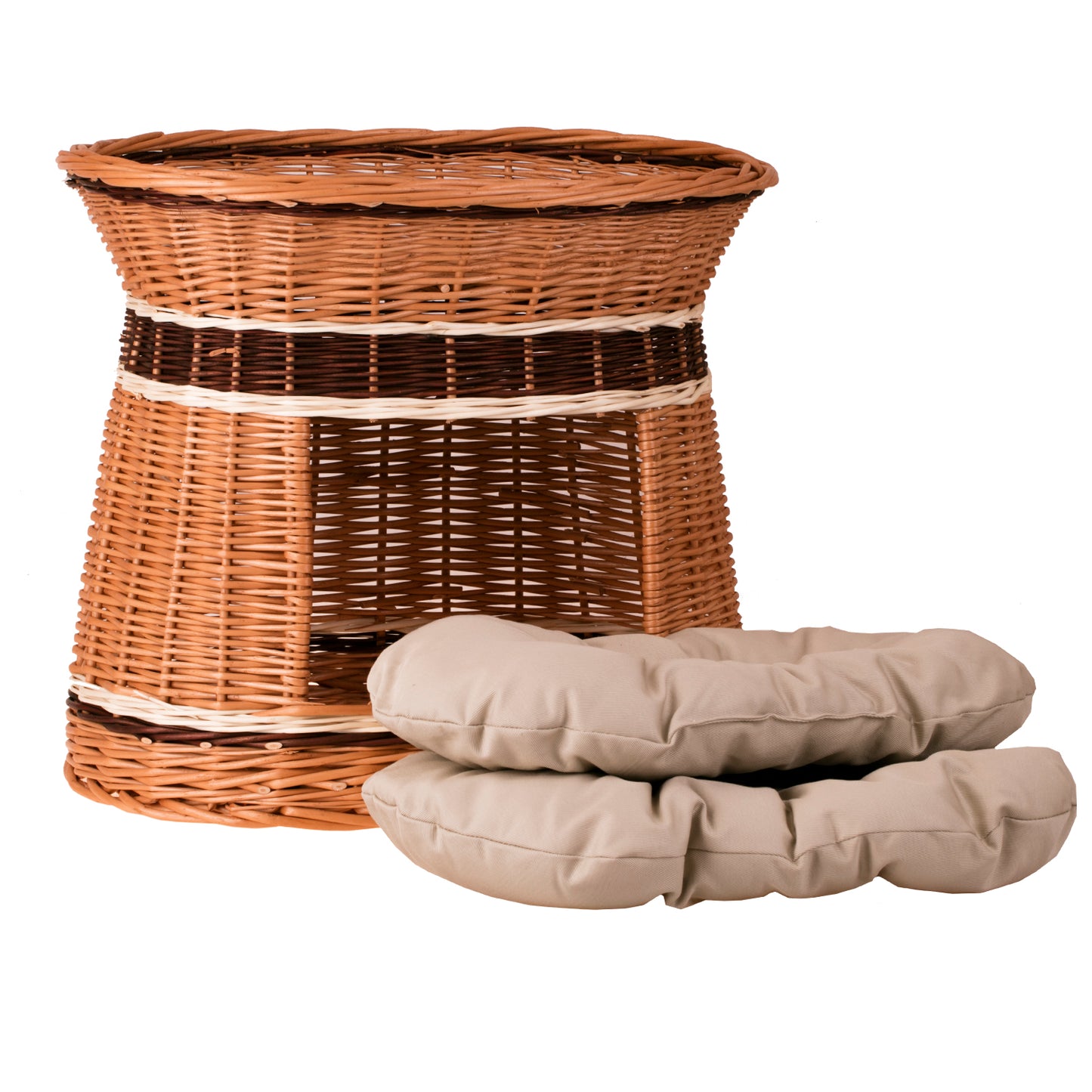 Erif wiklinowy domek dla kota i małego psa z dwoma poduszkami i legowiskiem na dachu TheWickerStories