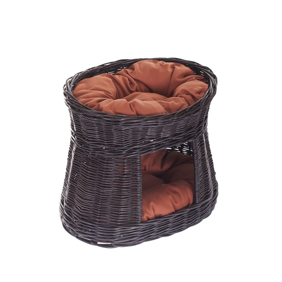 Erif wiklinowy domek dla kota z rdzawymi poduszkami, dwupoziomowy TheWickerStories