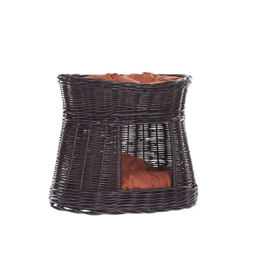 Erif wiklinowy domek dla kota z rdzawymi poduszkami, dwupoziomowy TheWickerStories