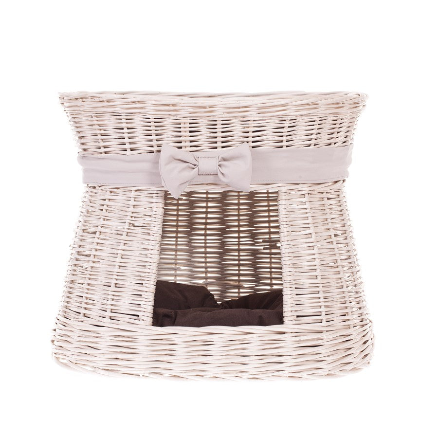 Erif wiklinowy domek dla kota dwupoziomowy z brązowymi poduszkami TheWickerStories