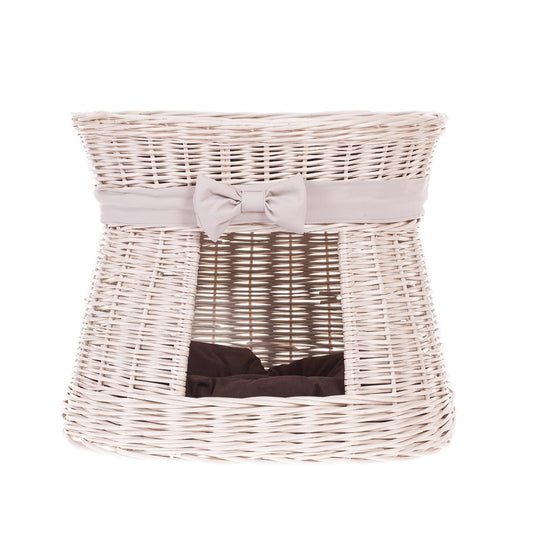 Erif wiklinowy domek dla kota dwupoziomowy z brązowymi poduszkami TheWickerStories