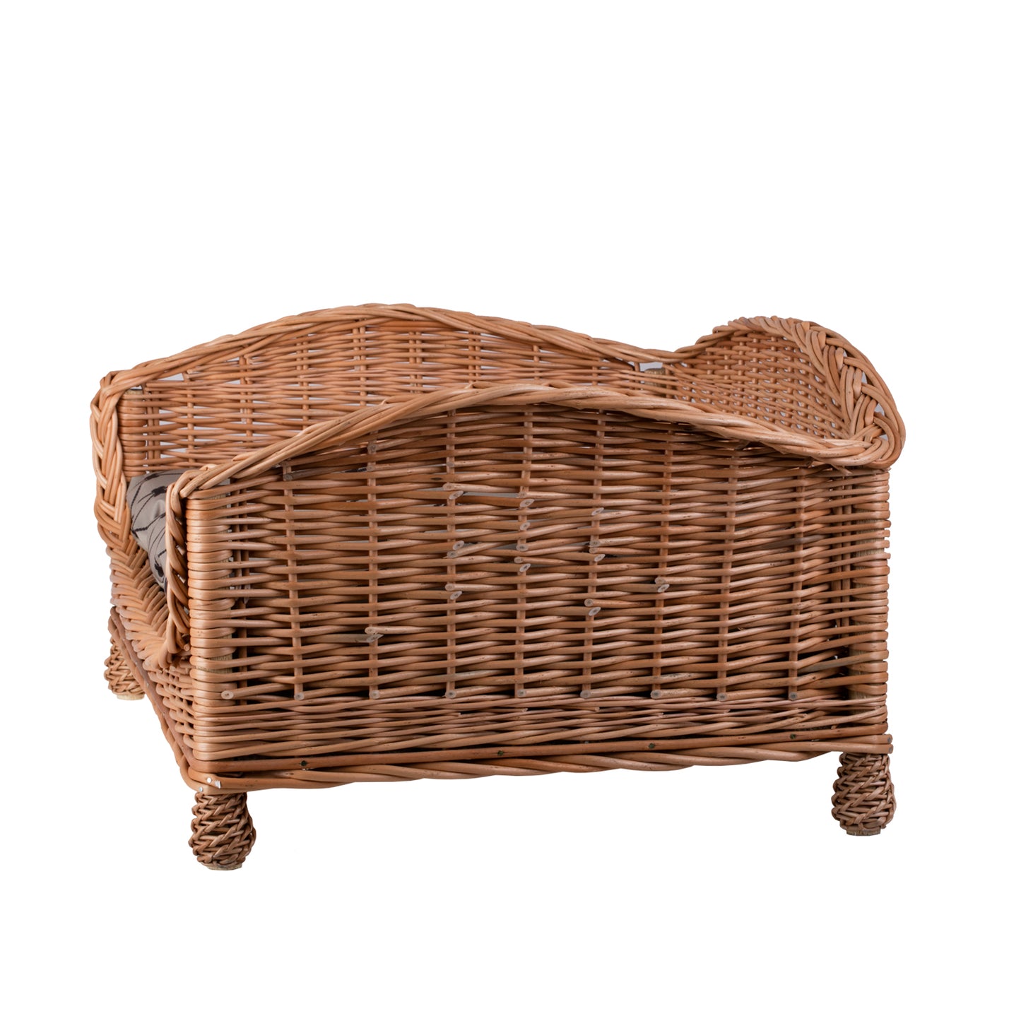 Erivia wiklinowe legowisko dla psa i kota z szarą poduszką i obniżonym wejściem TheWickerStories