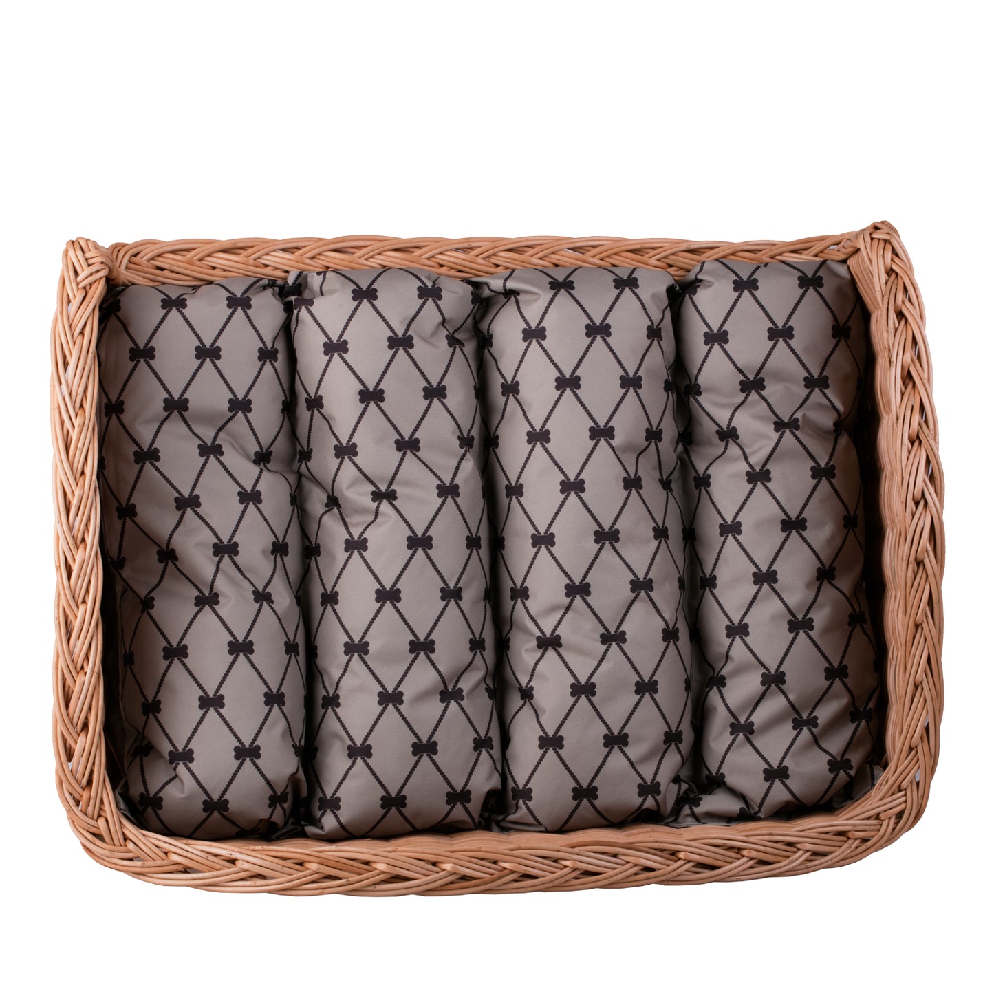 Erivia wiklinowe legowisko dla psa i kota z szarą poduszką i obniżonym wejściem TheWickerStories