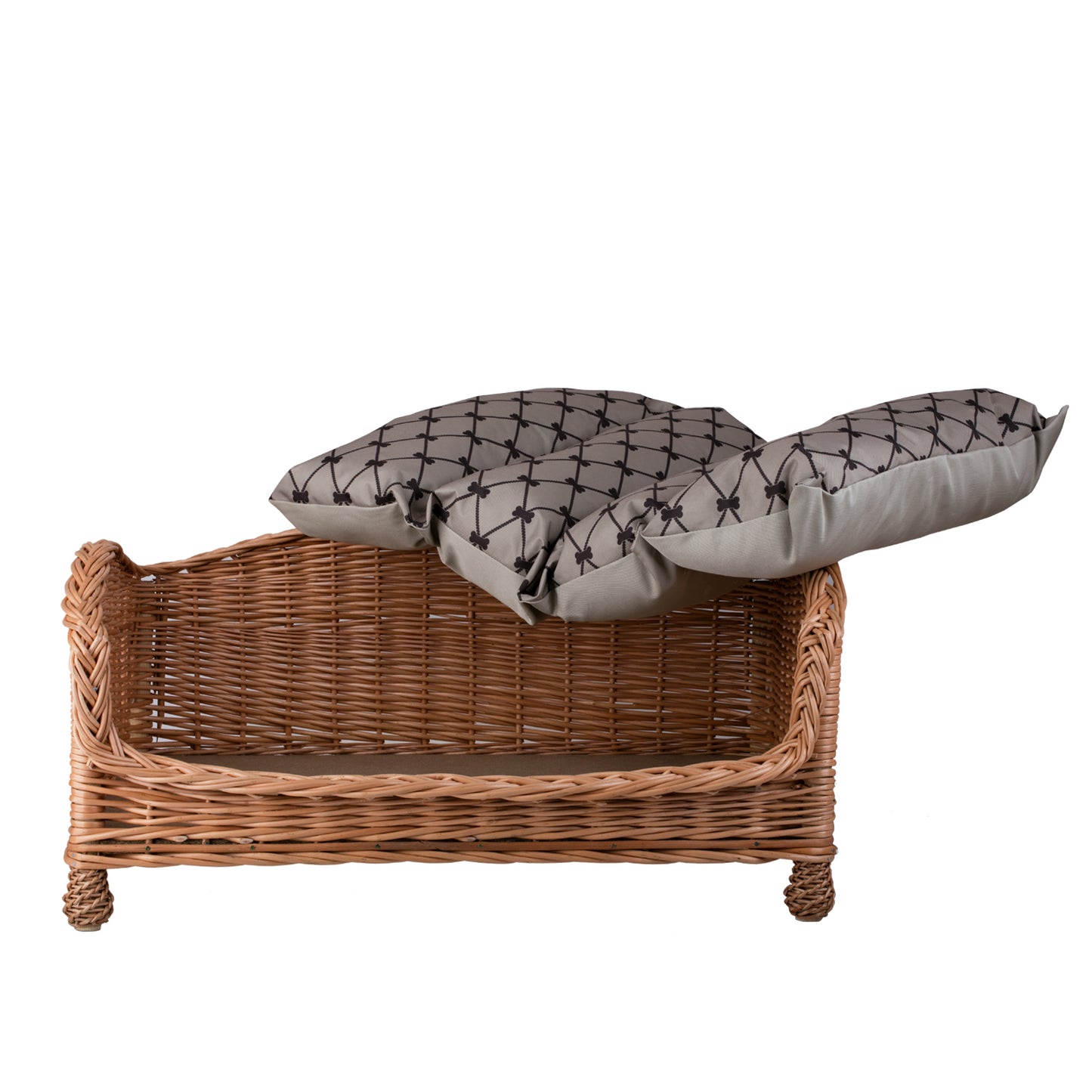 Erivia wiklinowe legowisko dla psa i kota z szarą poduszką i obniżonym wejściem TheWickerStories