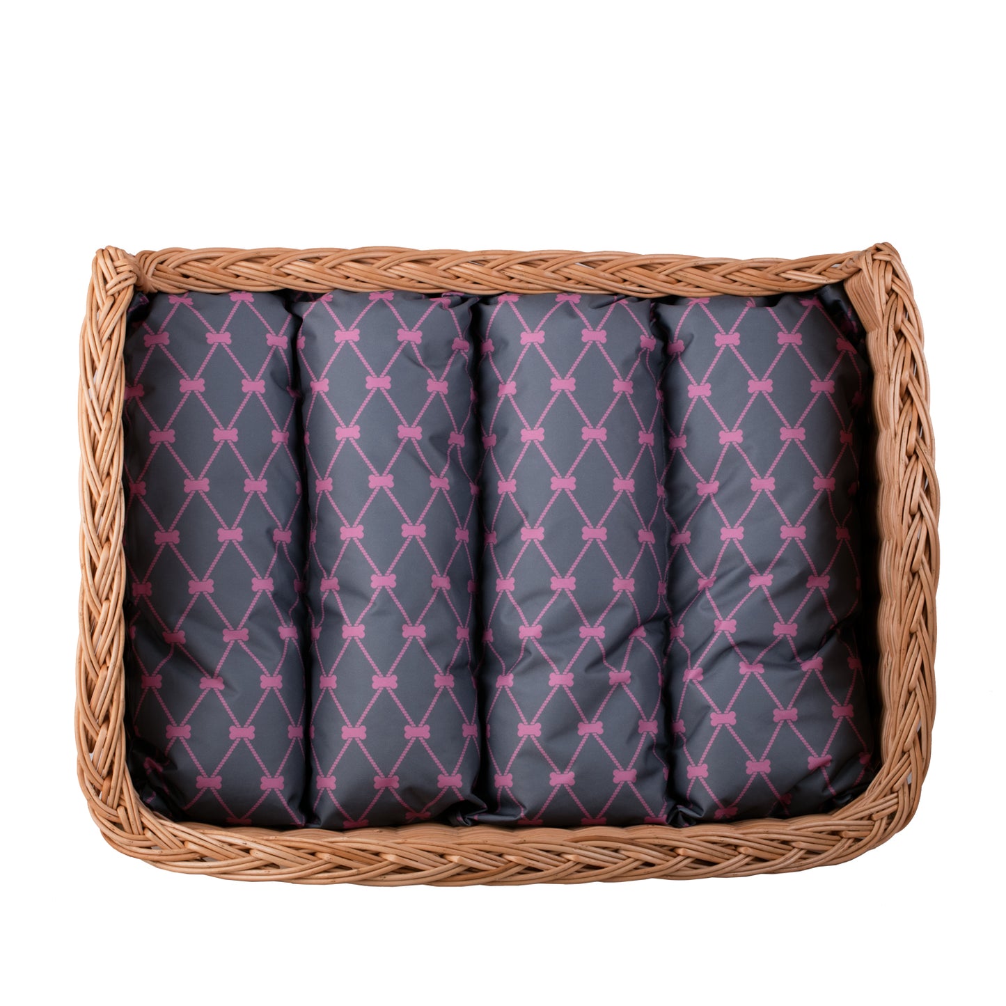 Erivia wiklinowy kosz dla psa i kota z szarą poduszką i niskim wejściem TheWickerStories
