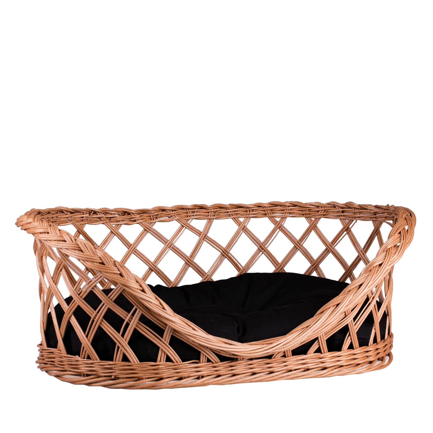 Esnoria wiklinowy kosz dla psa i kota na legowisko z czarną poduszką i niskim wejściem TheWickerStories