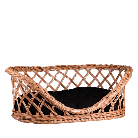 Esnoria wiklinowy kosz dla psa i kota na legowisko z czarną poduszką i niskim wejściem TheWickerStories