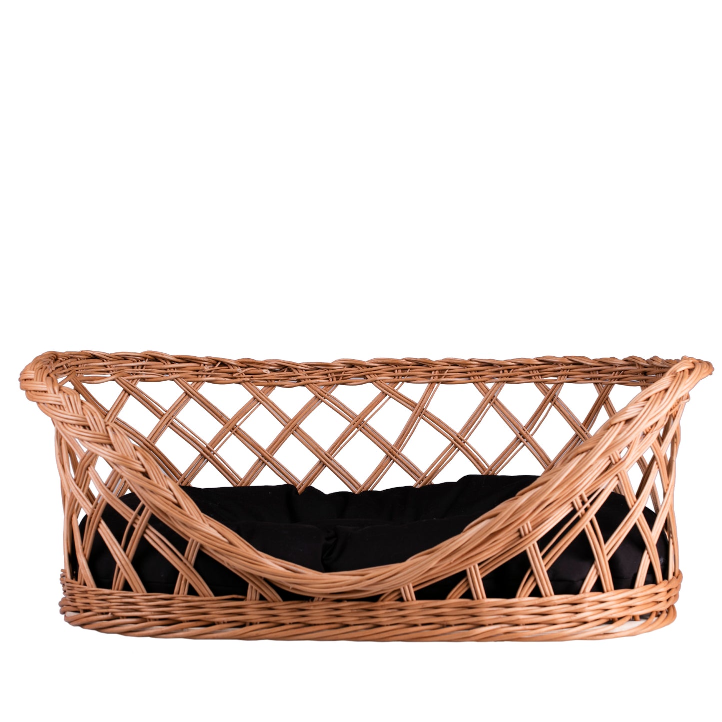 Esnoria wiklinowy kosz dla psa i kota na legowisko z czarną poduszką i niskim wejściem TheWickerStories