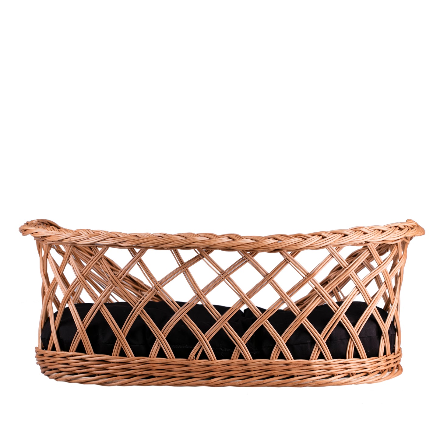 Esnoria wiklinowy kosz dla psa i kota na legowisko z czarną poduszką i niskim wejściem TheWickerStories