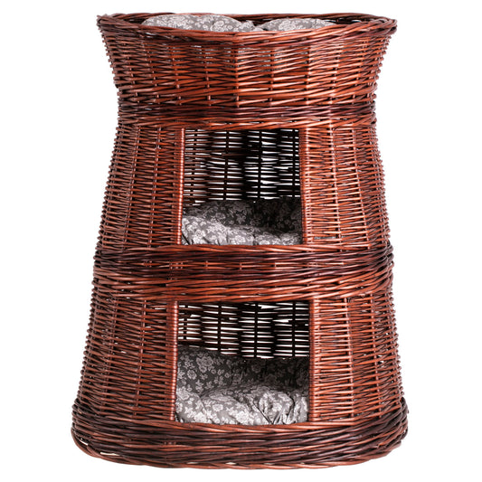 Elnoria wiklinowy kosz dla kota z szarymi poduszkami, trzy poziomy TheWickerStories