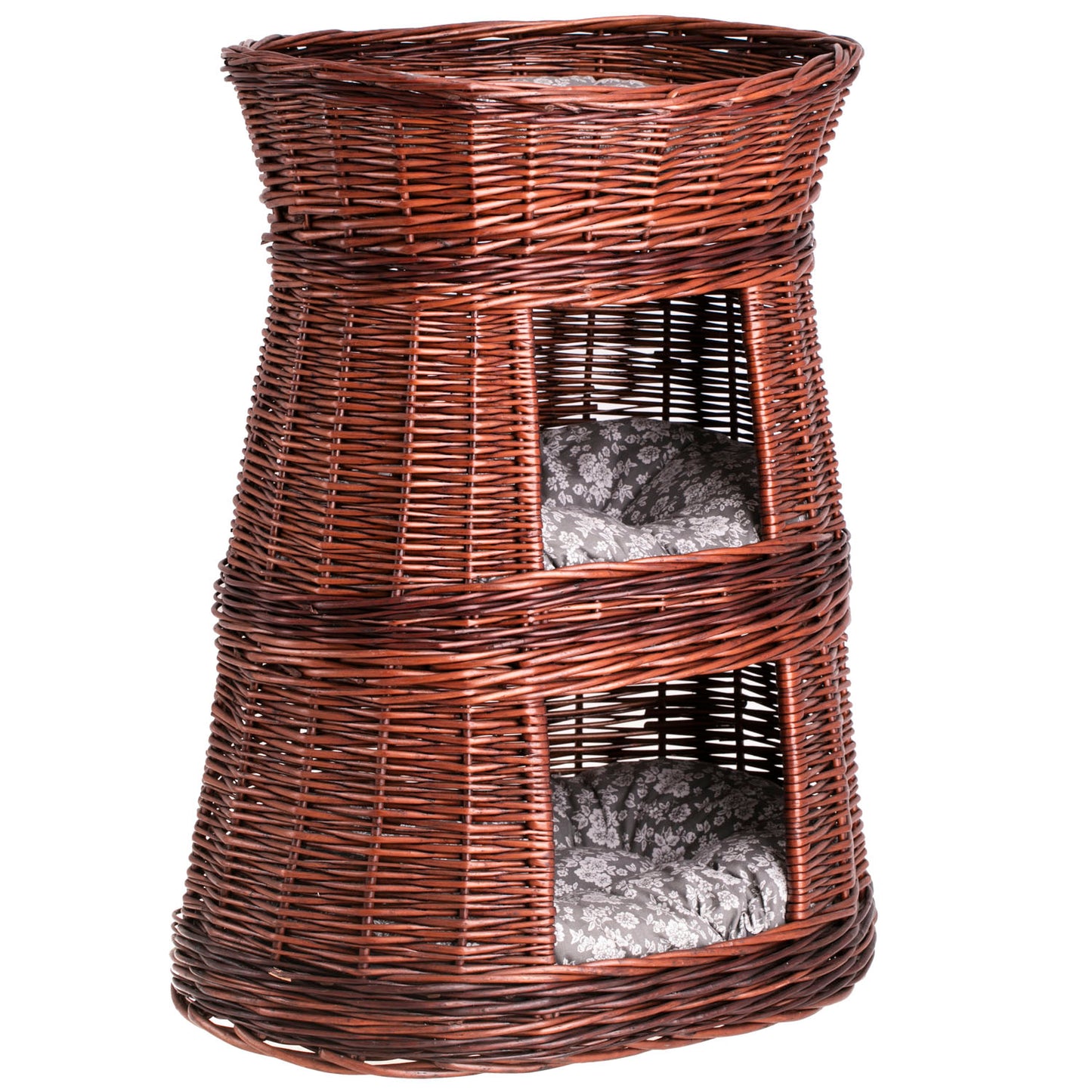 Elnoria wiklinowy kosz dla kota z szarymi poduszkami, trzy poziomy TheWickerStories