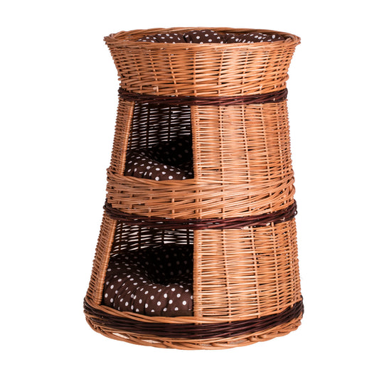 Elnoria wiklinowy domek dla kota z brązowymi poduszkami, trzy poziomy TheWickerStories