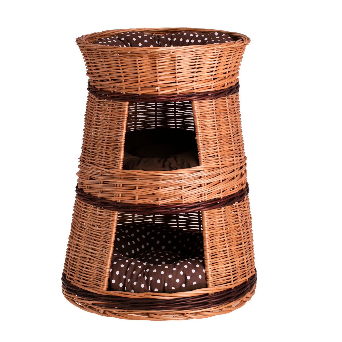Elnoria wiklinowy domek dla kota z brązowymi poduszkami, trzy poziomy TheWickerStories