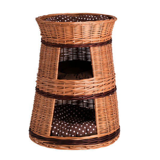 Elnoria wiklinowy domek dla kota z brązowymi poduszkami, trzy poziomy TheWickerStories