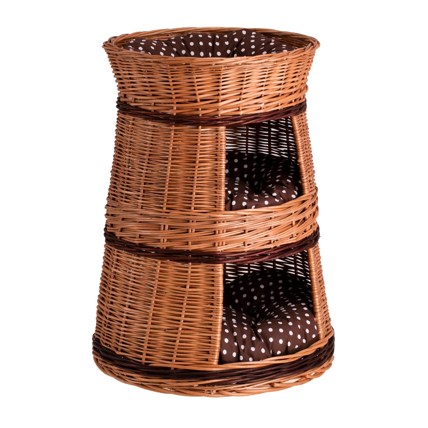 Elnoria wiklinowy domek dla kota z brązowymi poduszkami, trzy poziomy TheWickerStories