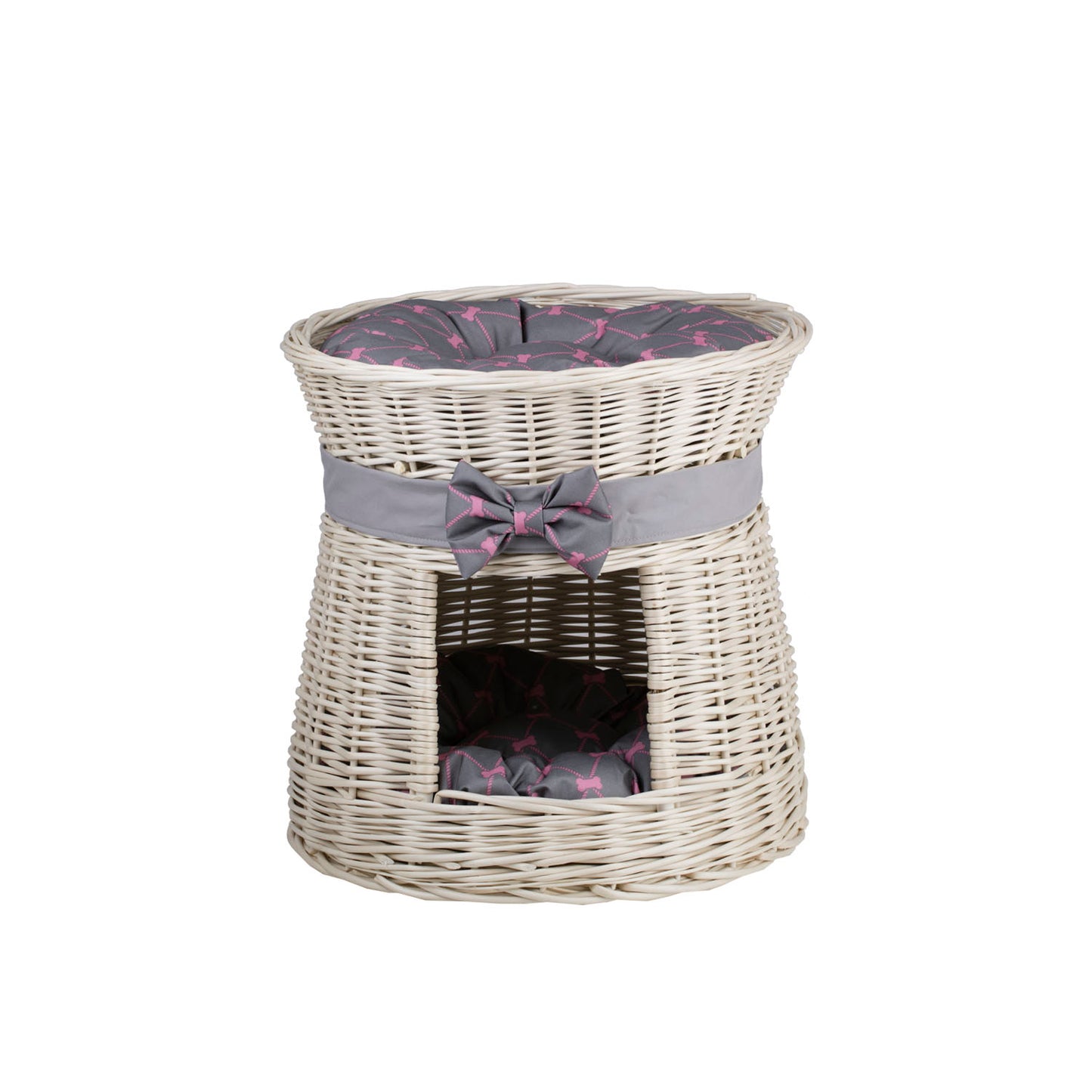 Eralis wiklinowy domek dla kota, dwupoziomowy, z poduszkami i kokardą TheWickerStories
