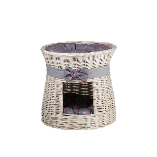 Eralis wiklinowy domek dla kota, dwupoziomowy, z poduszkami i kokardą TheWickerStories