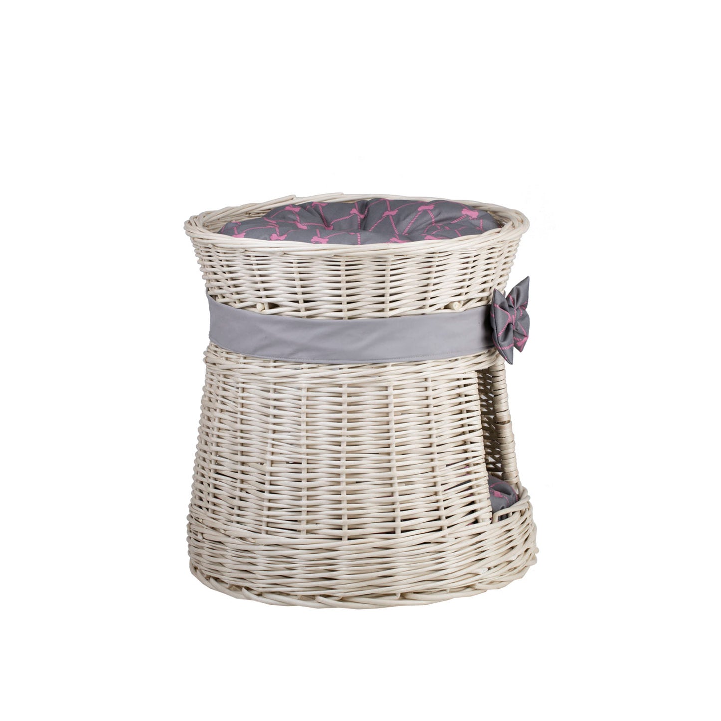 Eralis wiklinowy domek dla kota, dwupoziomowy, z poduszkami i kokardą TheWickerStories