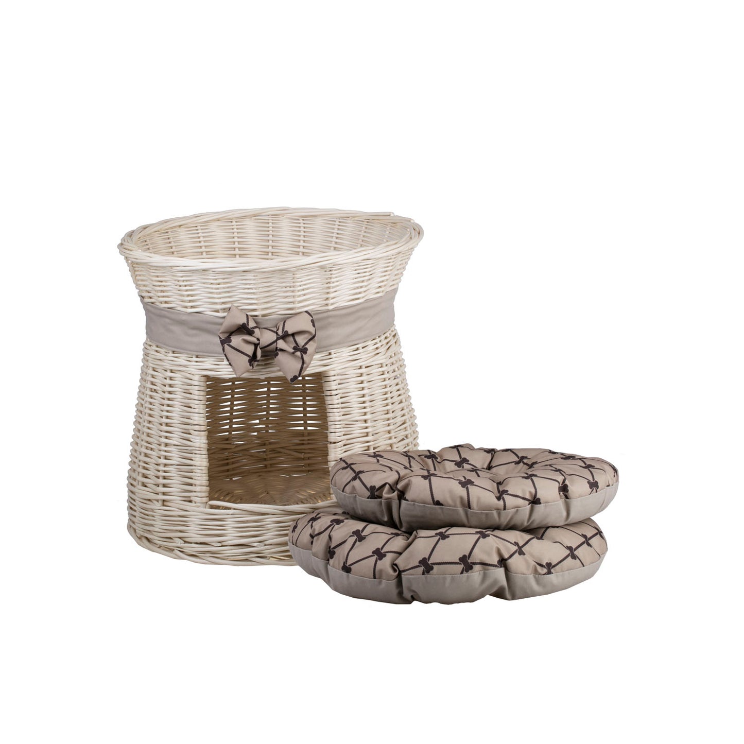 Eralis wiklinowy domek dla kota z kremowym obszyciem, dwie poduszki i kokarda TheWickerStories