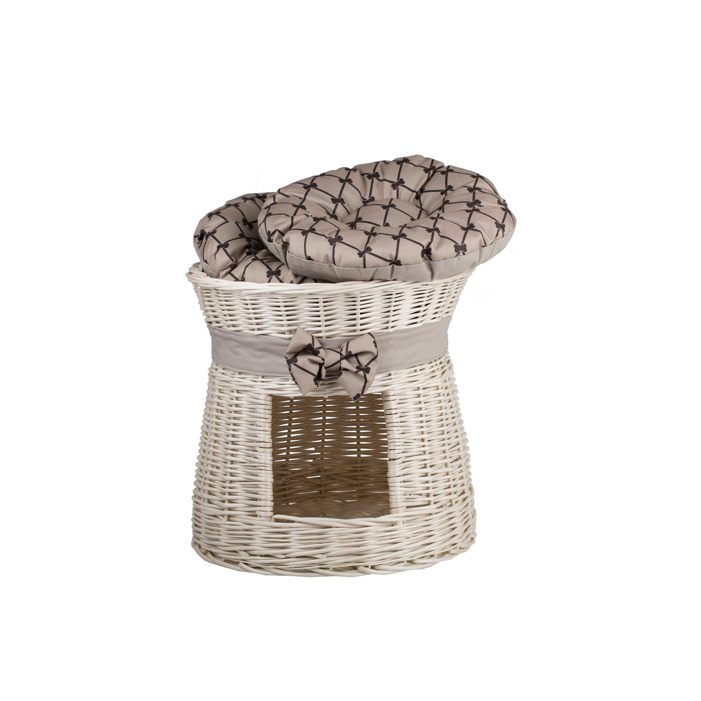 Eralis wiklinowy domek dla kota z kremowym obszyciem, dwie poduszki i kokarda TheWickerStories