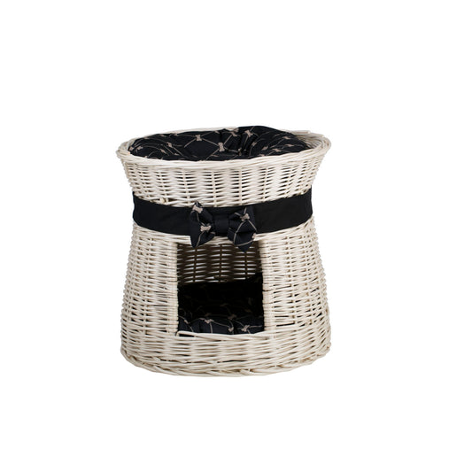 Eralis wiklinowy domek dla kota dwupoziomowy, z dwiema poduszkami i kokardą TheWickerStories