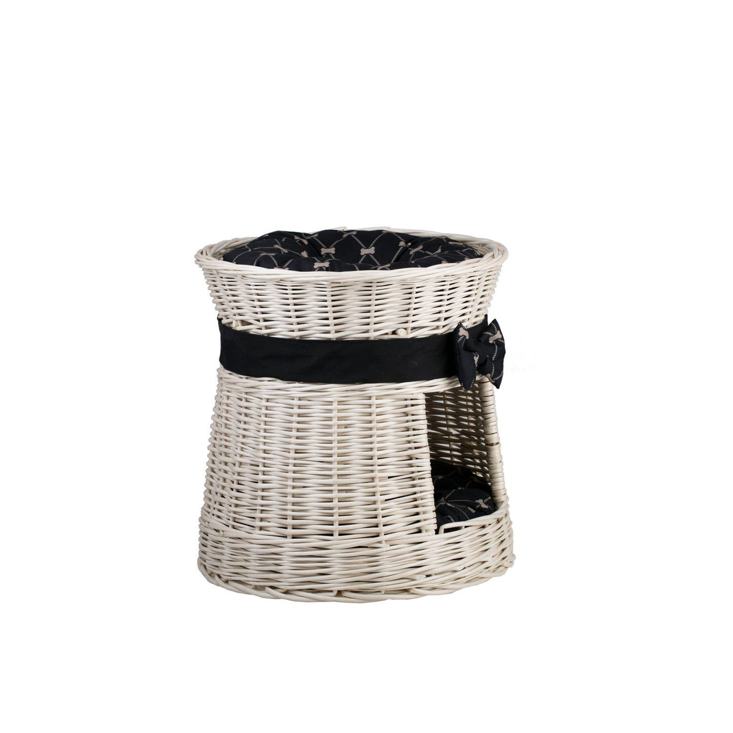 Eralis wiklinowy domek dla kota dwupoziomowy, z dwiema poduszkami i kokardą TheWickerStories