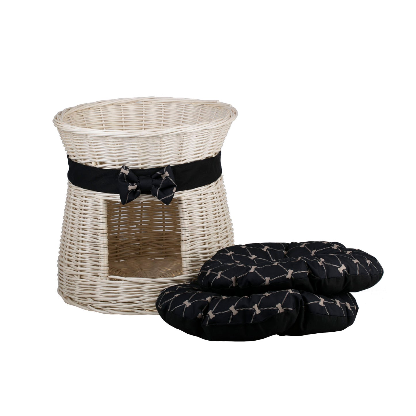 Eralis wiklinowy domek dla kota dwupoziomowy, z dwiema poduszkami i kokardą TheWickerStories